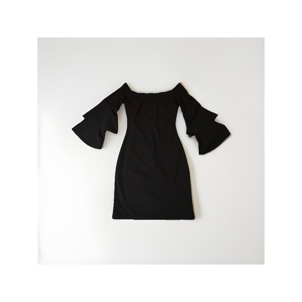 Socialite Black Off Shoulder Dress Womens Small Bell Sleeve Cocktail Party Mini